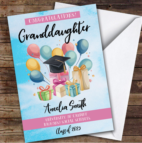 Personalised Graduation Card For Granddaughter Balloons Gift Blue
