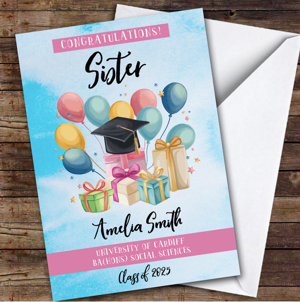 Personalised Graduation Card For Sister Balloons Gift Blue