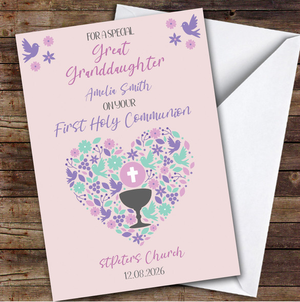 Personalised First Holy Communion Card For Great Granddaughter Pink Heart