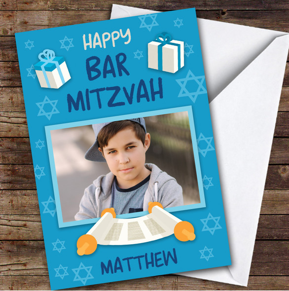 Personalised Bar Mitzvah Card For Anyone Photo Blue Gift Scroll