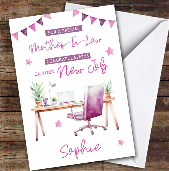 Personalised New Job Card For Mother-In-Law Desk Job Pink