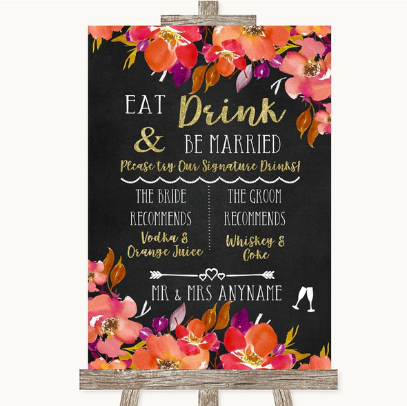 Pink Coral Orange & Purple Signature Favourite Drinks Personalised Wedding Sign