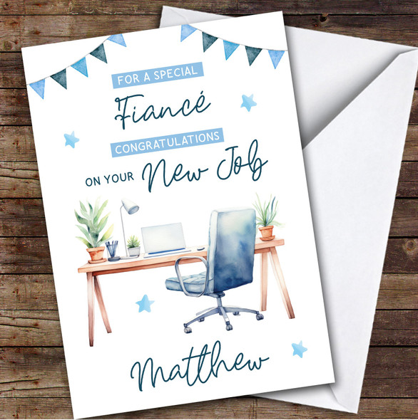 Personalised New Job Card For Fiance Desk Job Blue