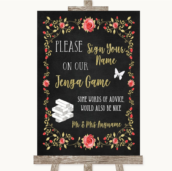 Chalk Style Blush Pink Rose & Gold Jenga Guest Book Personalised Wedding Sign