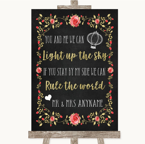 Chalk Style Blush Pink Rose & Gold Light Up The Sky Rule The World Wedding Sign