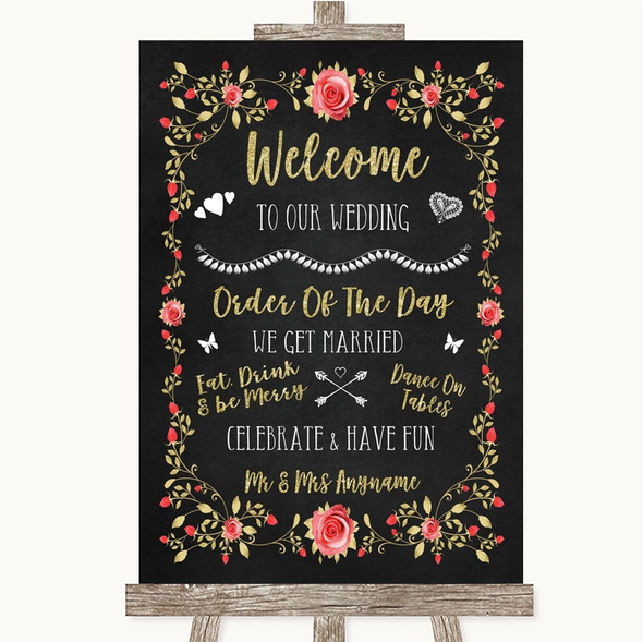 Chalk Style Blush Pink Rose & Gold Welcome Order Of The Day Wedding Sign