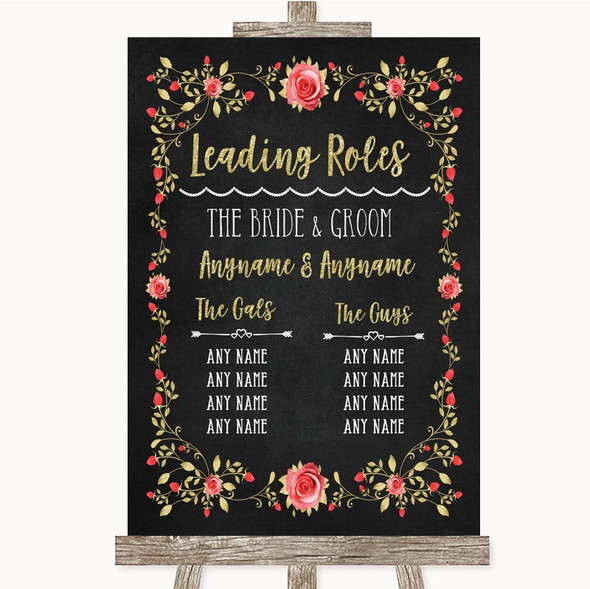 Chalk Style Blush Pink Rose & Gold Who's Who Leading Roles Wedding Sign