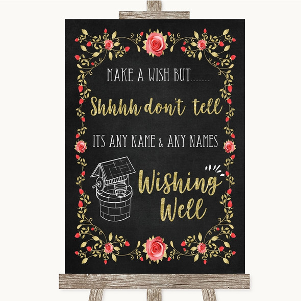 Chalk Style Blush Pink Rose & Gold Wishing Well Message Wedding Sign