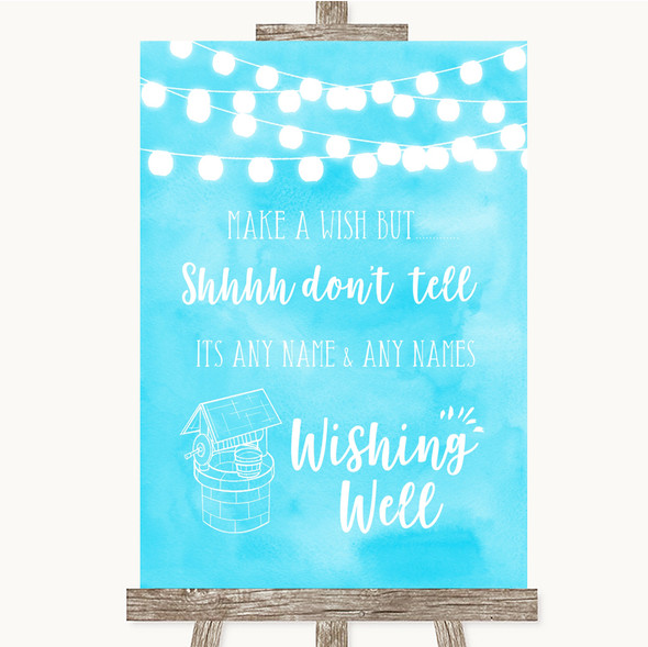 Aqua Sky Blue Watercolour Lights Wishing Well Message Personalised Wedding Sign