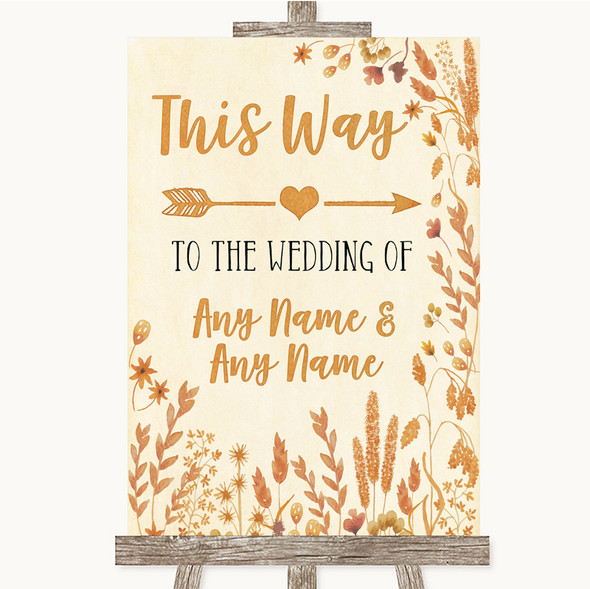 Autumn Leaves This Way Arrow Right Personalised Wedding Sign