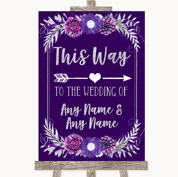 Purple & Silver This Way Arrow Right Personalised Wedding Sign