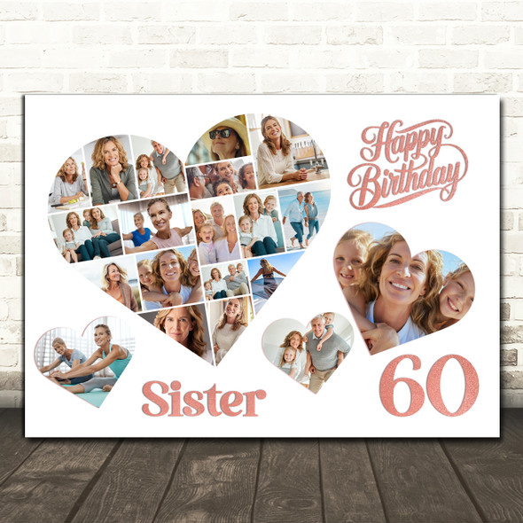 Photo Collage 60th Birthday Gift For Sister 20-Photo Hearts Print Or Canvas