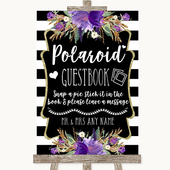 Black & White Stripes Purple Polaroid Guestbook Personalised Wedding Sign