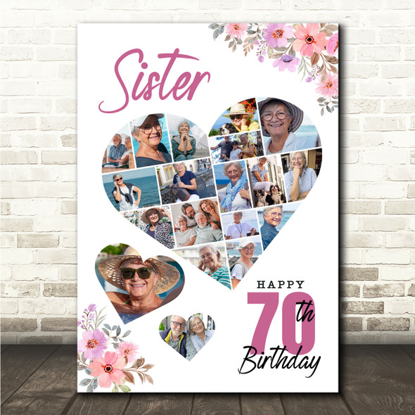 Photo Collage 70th Birthday Gift For Sister 19-Photo Floral Print Or Canvas