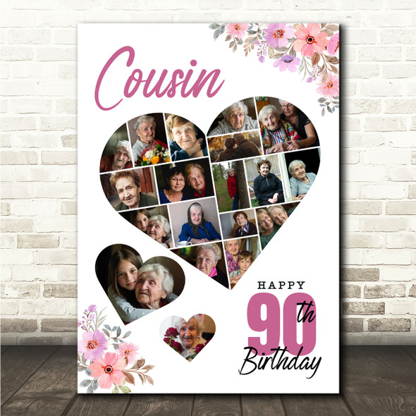 Photo Collage 90th Birthday Gift For Cousin 19-Photo Floral Print Or Canvas