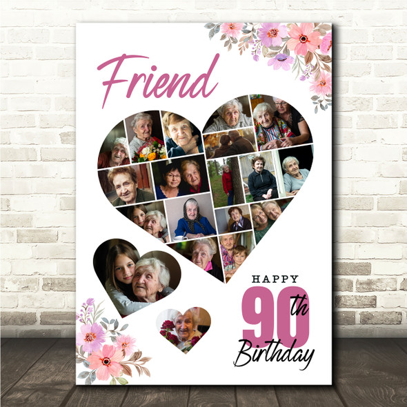 Photo Collage 90th Birthday Gift For Friend 19-Photo Floral Print Or Canvas