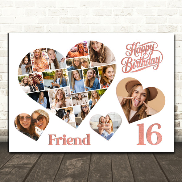 Photo Collage 16th Birthday Gift For Friend 20-Photo Hearts Print Or Canvas