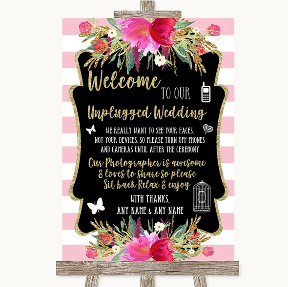 Gold & Pink Stripes No Phone Camera Unplugged Personalised Wedding Sign