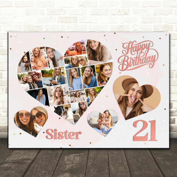 Photo Collage 21st Birthday Gift For Sister 20-Photo Hearts Print Or Canvas