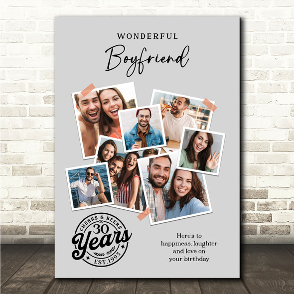 Photo Collage 30th Birthday Gift For Boyfriend 7-Photo Grey Print Or Canvas