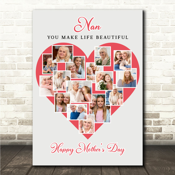Photo Collage Gift For Nan Mother's Day 16-Photo Red Heart Print Or Canvas