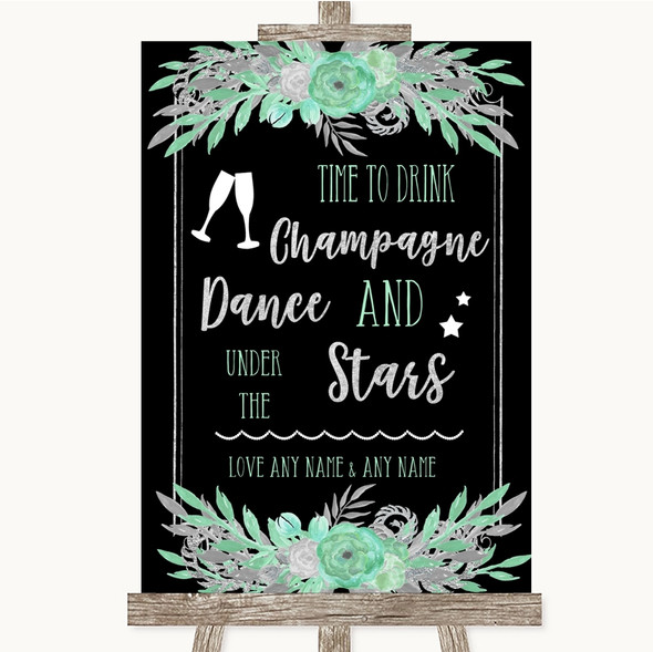 Black Mint Green & Silver Drink Champagne Dance Stars Personalised Wedding Sign