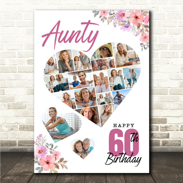 Photo Collage 60th Birthday Gift For Aunty 19-Photo Floral Print Or Canvas