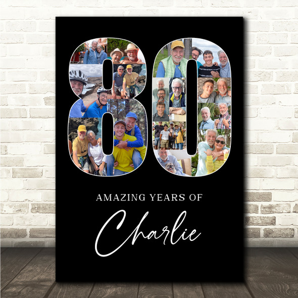 Photo Collage 80th Birthday Gift For Him 16-Photo 80 Black Print Or Canvas