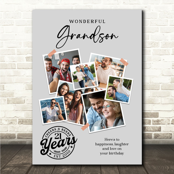 Photo Collage 21st Birthday Gift For Grandson 7-Photo Grey Print Or Canvas