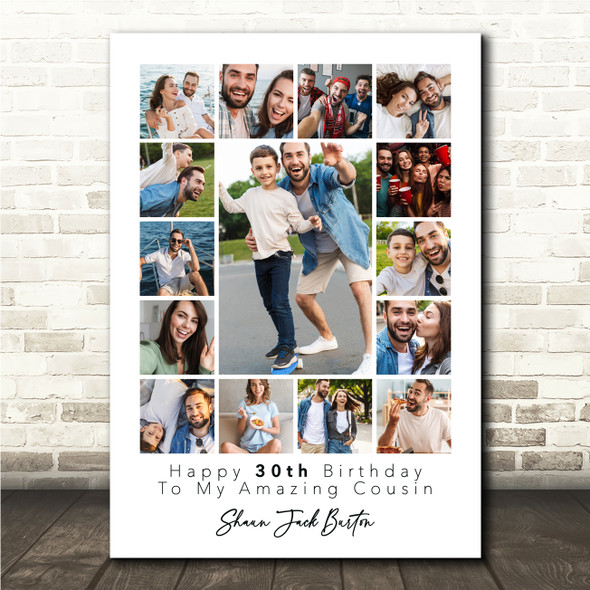 Photo Collage 30th Birthday Gift For Cousin 15-Photo White Print Or Canvas