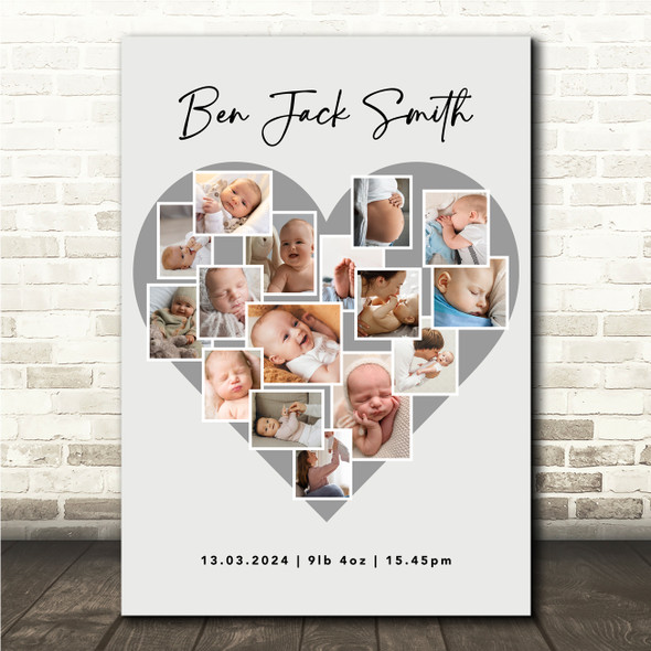 Photo Collage Personalised Gift For New Baby 16-Photo Grey Heart Print Or Canvas