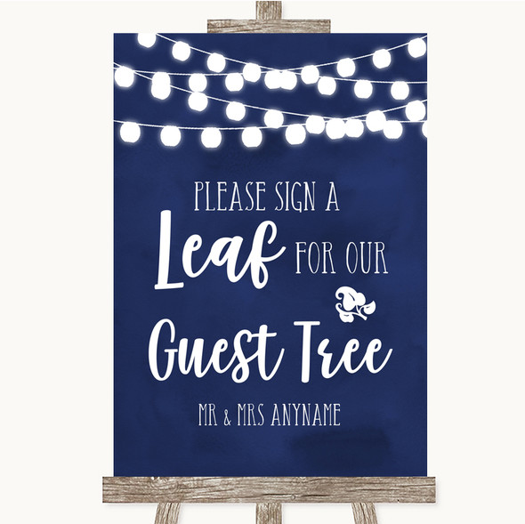 Navy Blue Watercolour Lights Guest Tree Leaf Personalised Wedding Sign