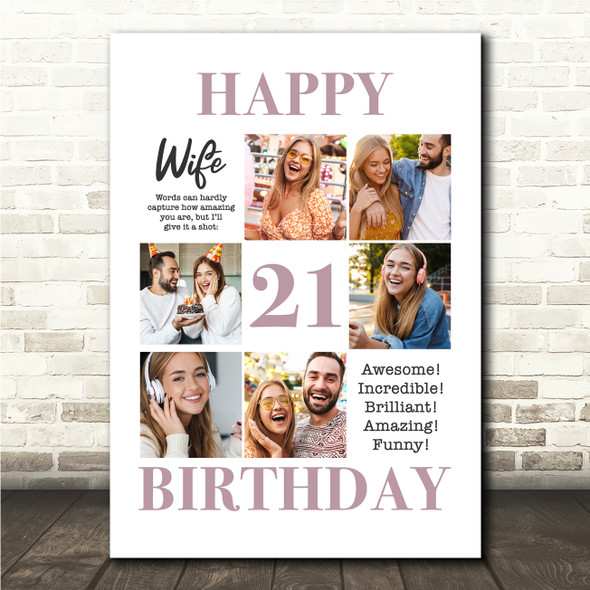 Photo Collage 21st Birthday Personalised Gift For Wife 6-Photo Print Or Canvas