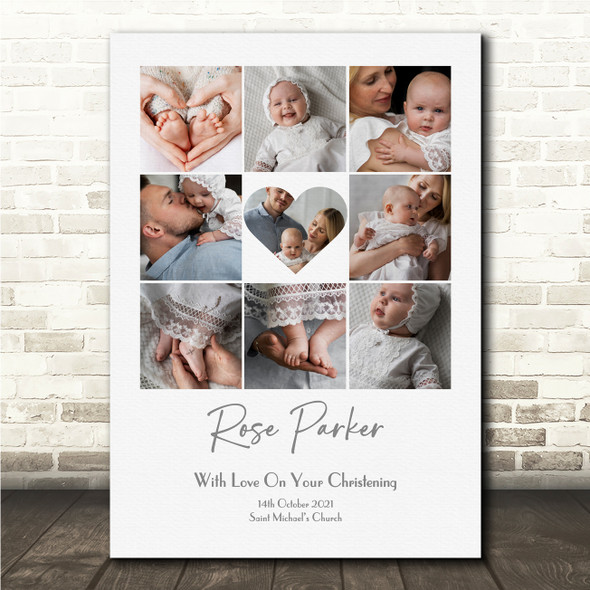 Photo Collage Christening Personalised Gift 9-Photo Heart Print Or Canvas