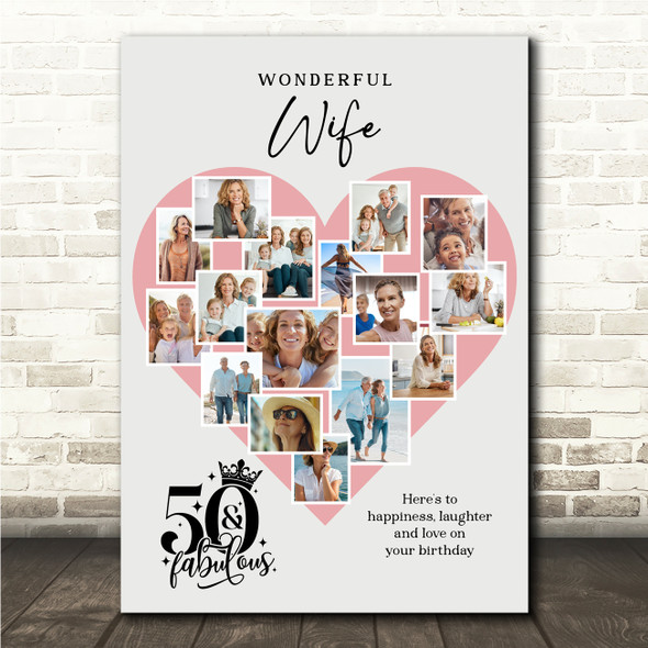 Photo Collage 50th Birthday Gift For Wife 16-Photo Pink Heart Print Or Canvas
