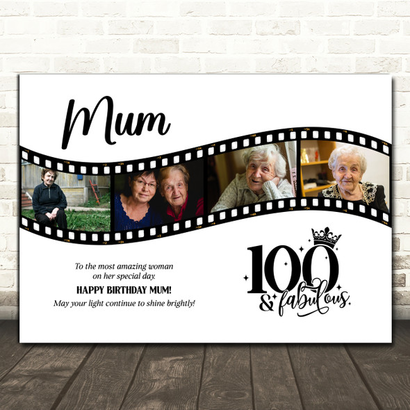 Photo Collage 100th Birthday Gift For Mum 4-Photo Camera Film Print Or Canvas