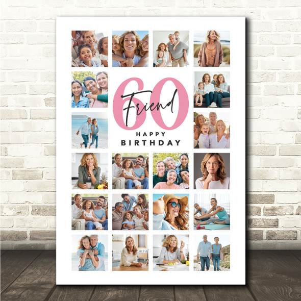 Photo Collage 60th Birthday Gift For Friend 20-Photo Portrait Print Or Canvas