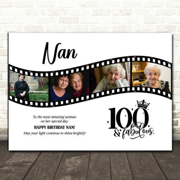 Photo Collage 100th Birthday Gift For Nan 4-Photo Camera Film Print Or Canvas