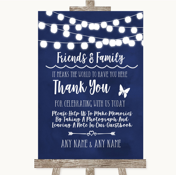 Navy Blue Watercolour Lights Photo Guestbook Friends & Family Wedding Sign