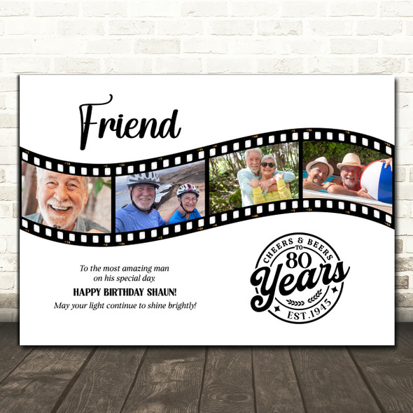 Photo Collage 80th Birthday Gift For Friend 4-Photo Film Reel Print Or Canvas