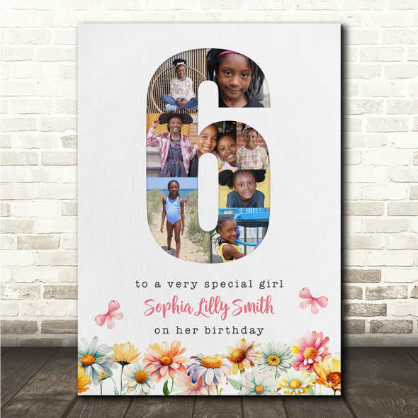 Photo Collage 8-Photo 6th Birthday Gift For Kids Girls Floral Print Or Canvas