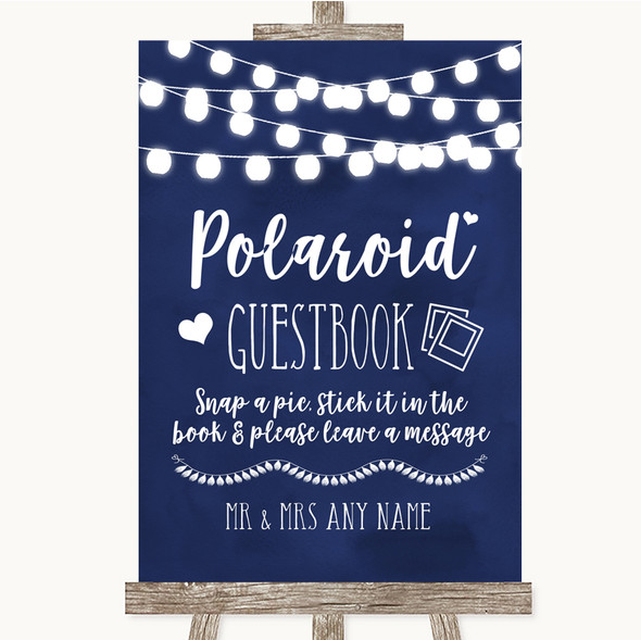 Navy Blue Watercolour Lights Polaroid Guestbook Personalised Wedding Sign