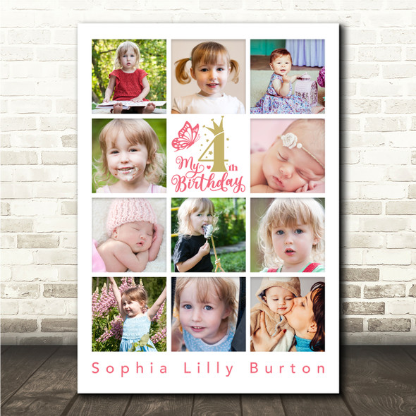 Photo Collage 11-Photo 4th Birthday Custom Gift For Baby Girl Print Or Canvas