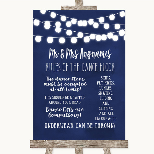 Navy Blue Watercolour Lights Rules Of The Dance Floor Personalised Wedding Sign