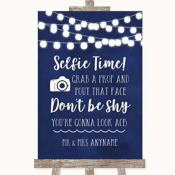 Navy Blue Watercolour Lights Selfie Photo Prop Personalised Wedding Sign