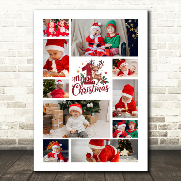 Photo Collage First Christmas Gift For Baby 10-Photo Reindeer Print Or Canvas