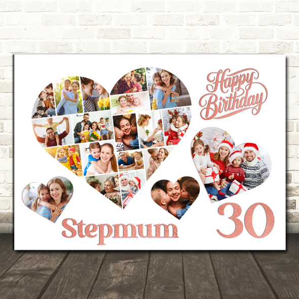 Photo Collage 30th Birthday Gift For Stepmum 20-Photo Hearts Print Or Canvas