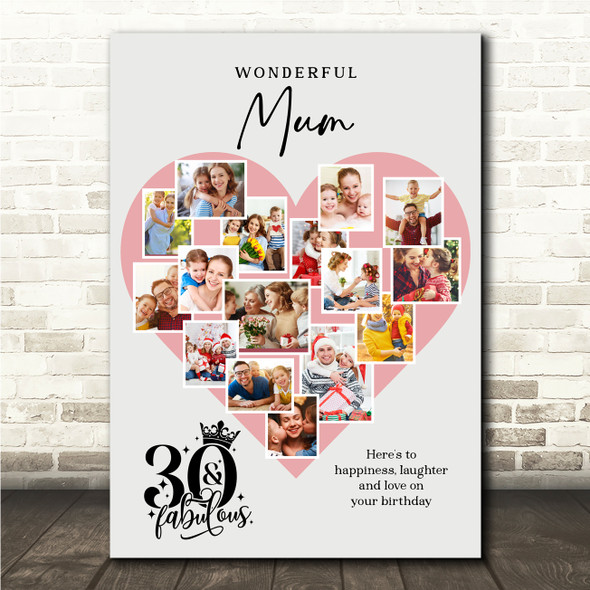 Photo Collage 30th Birthday Gift For Mum 16-Photo Pink Heart Print Or Canvas
