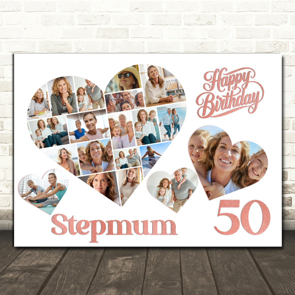 Photo Collage 50th Birthday Gift For Stepmum 20-Photo Hearts Print Or Canvas
