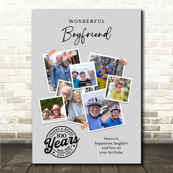 Photo Collage 100th Birthday Gift For Boyfriend 7-Photo Grey Print Or Canvas